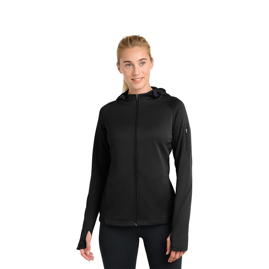 Woman wearing a black jacket on a white background