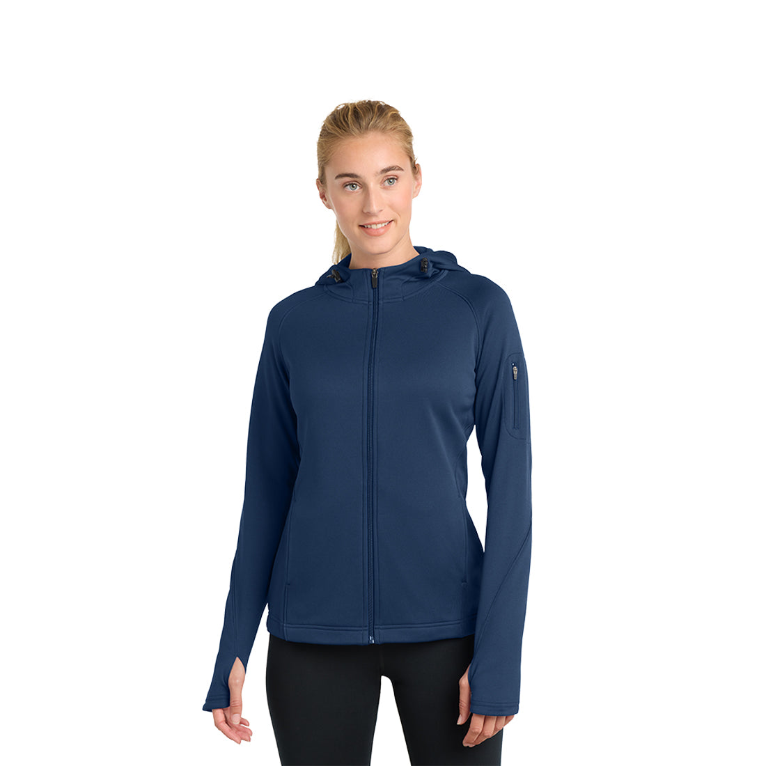 Woman wearing a dark blue jacket on a white background