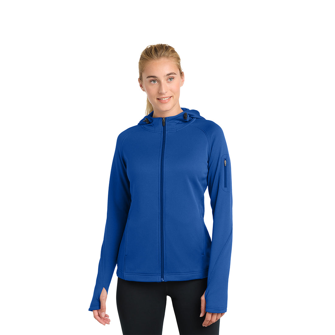 Woman wearing a blue jacket on a white background