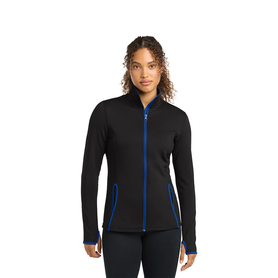 Woman wearing a black jacket with blue accents on a white background