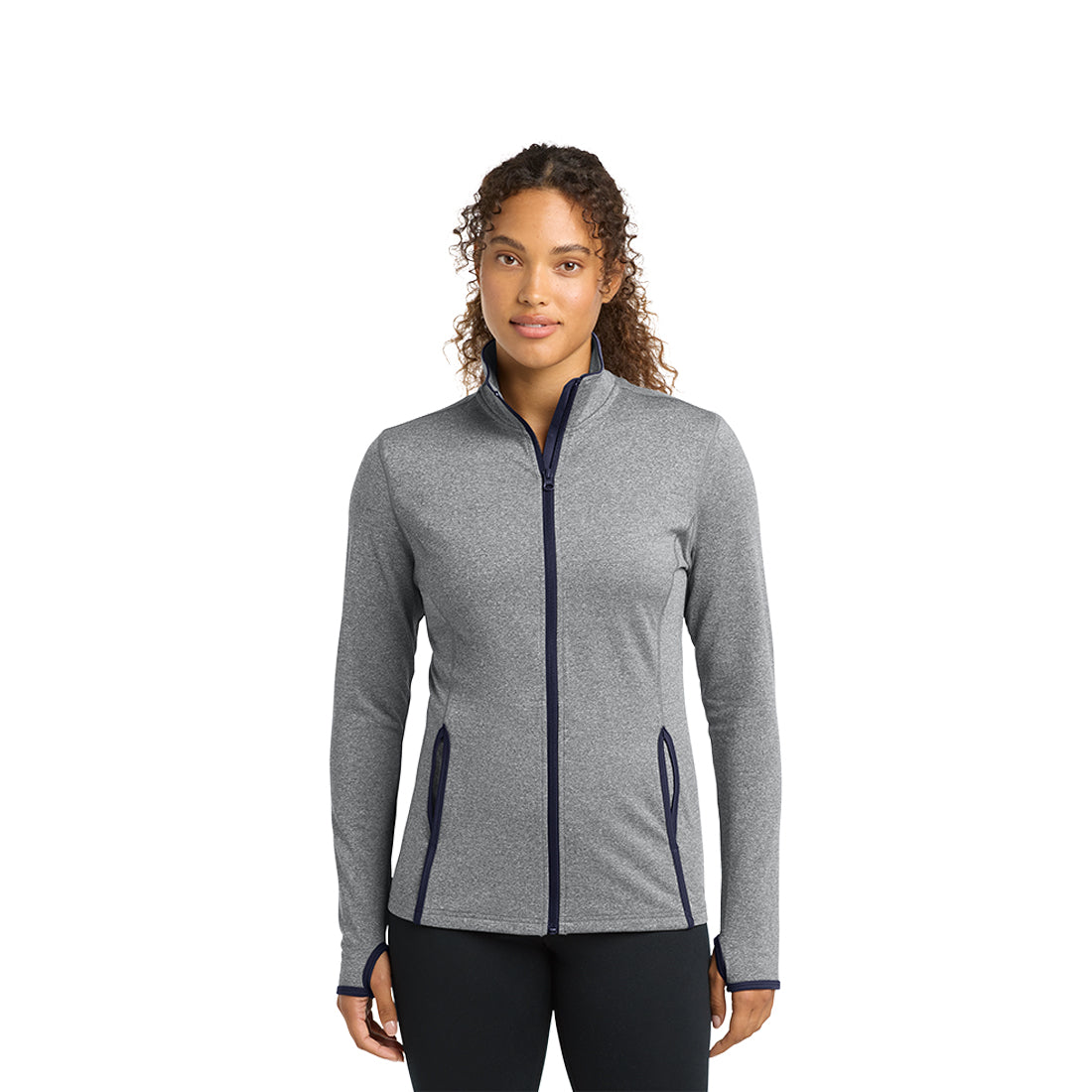 Woman wearing a gray jacket with navy accents on a white background