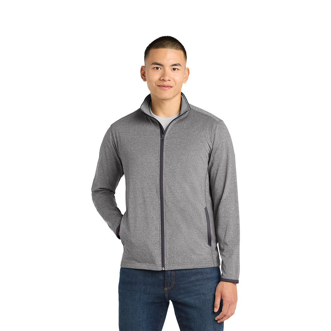 Man wearing a gray jacket on a white background