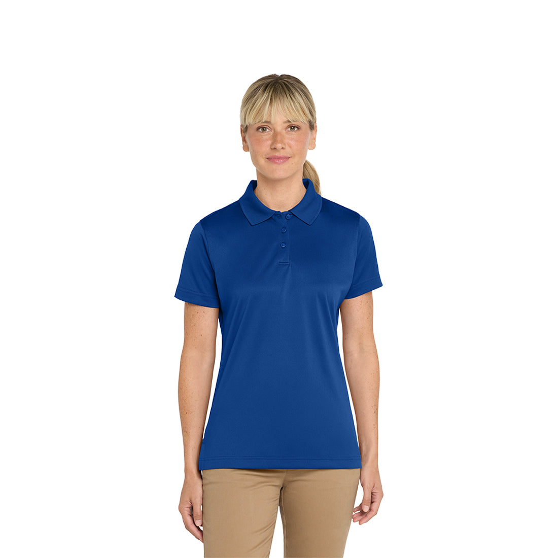 Woman wearing a blue polo shirt on a white background