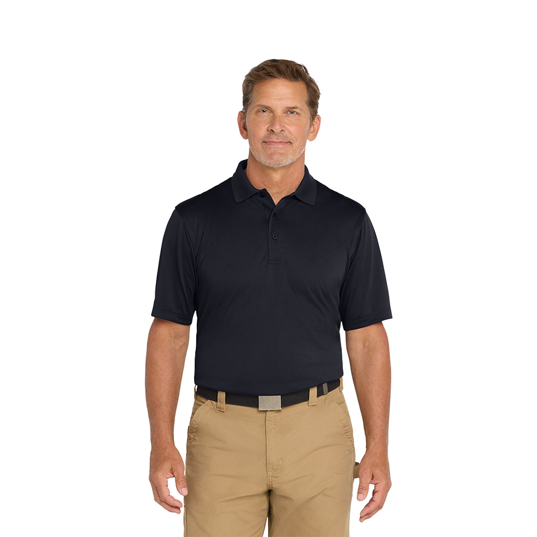 Man wearing a black polo shirt and beige pants on a white background