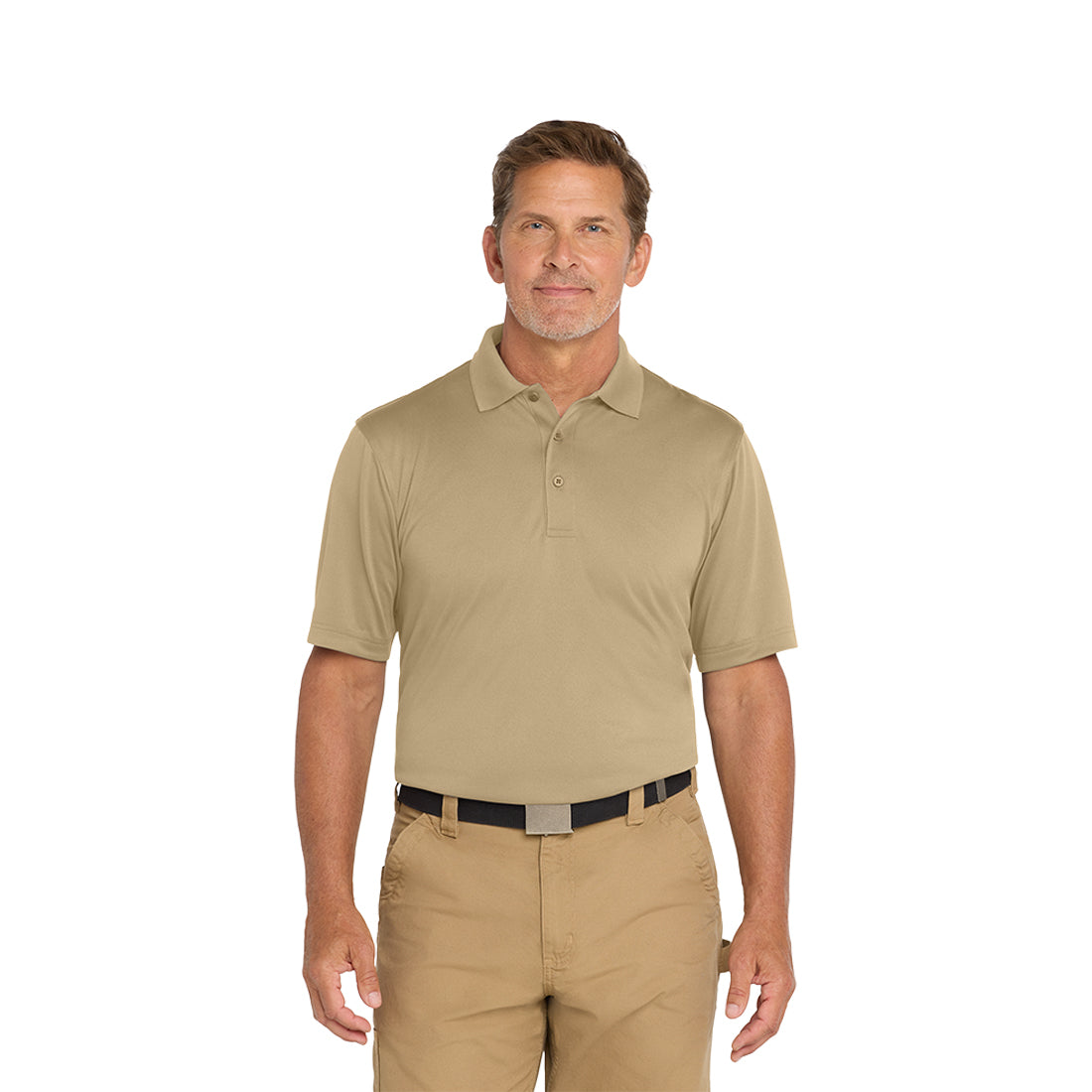 Man wearing a beige polo shirt and pants on a white background