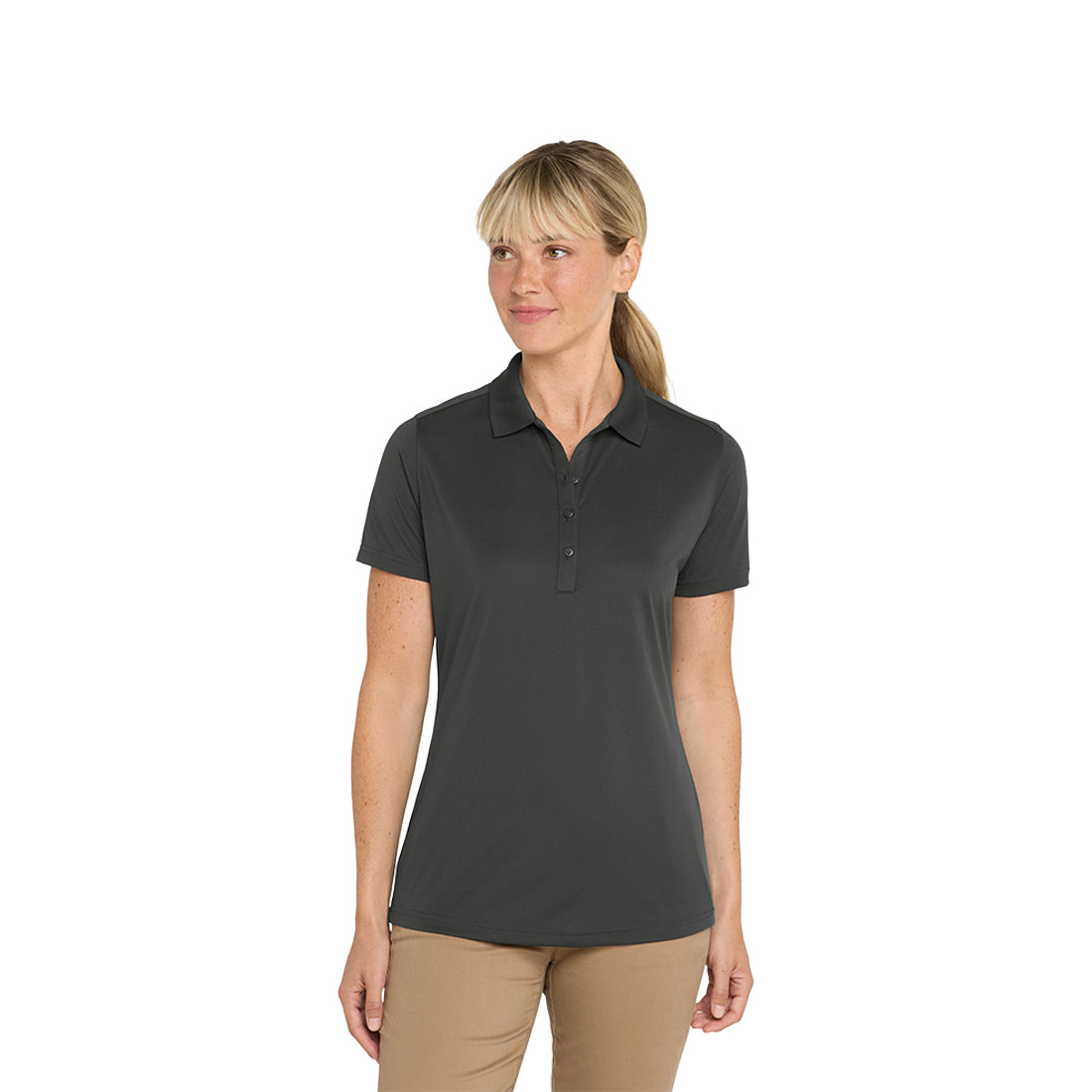 Woman wearing a dark gray polo shirt on a white background