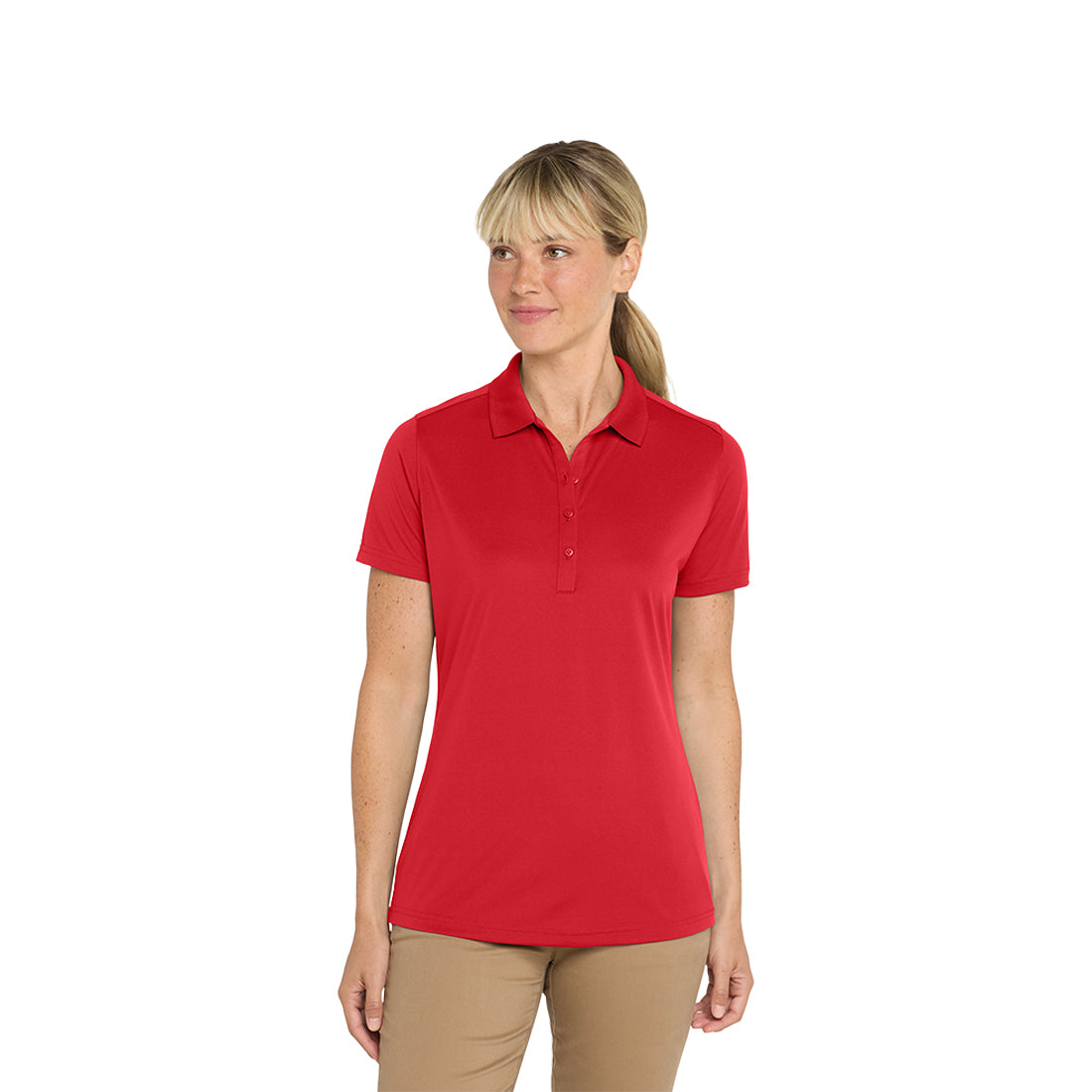 Woman wearing a red polo shirt on a white background