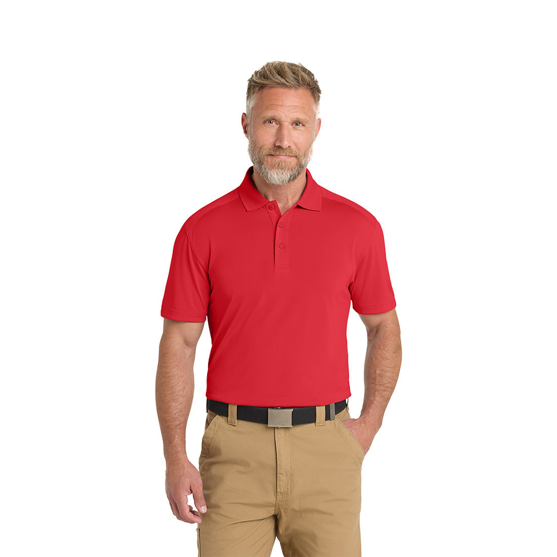 Man wearing a red polo shirt and beige pants on a white background