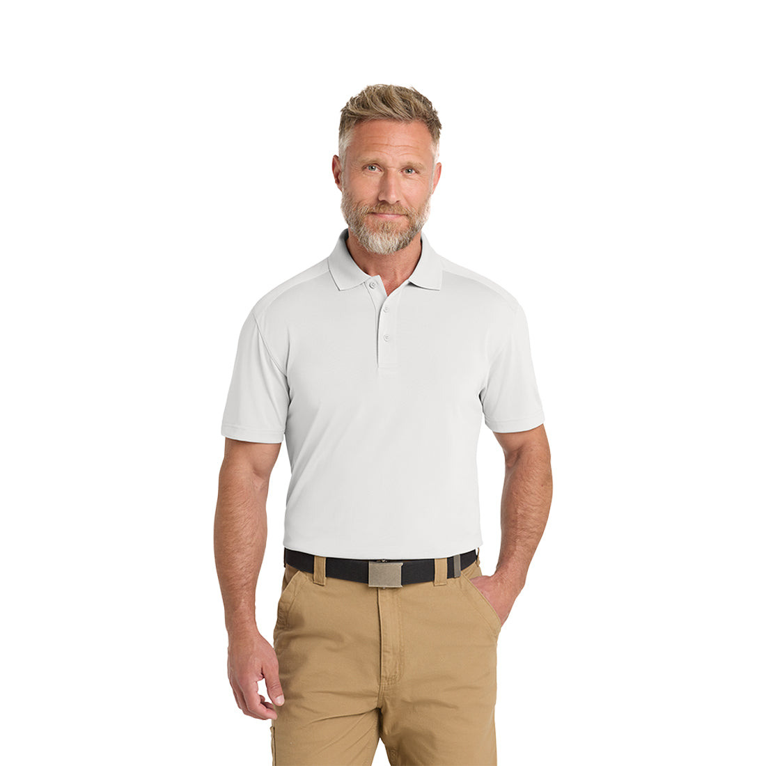 Man wearing a white polo shirt and beige pants on a white background