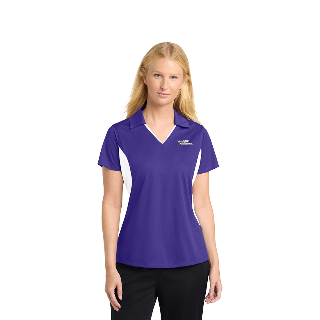 Woman wearing a purple and white polo shirt with a logo on a white background
