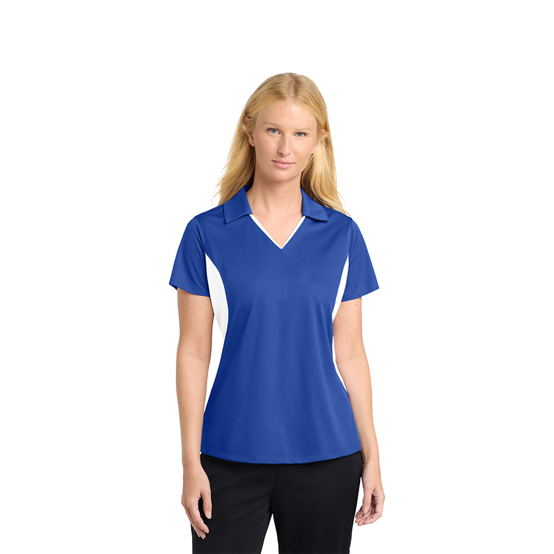 Woman wearing a blue and white polo shirt on a white background