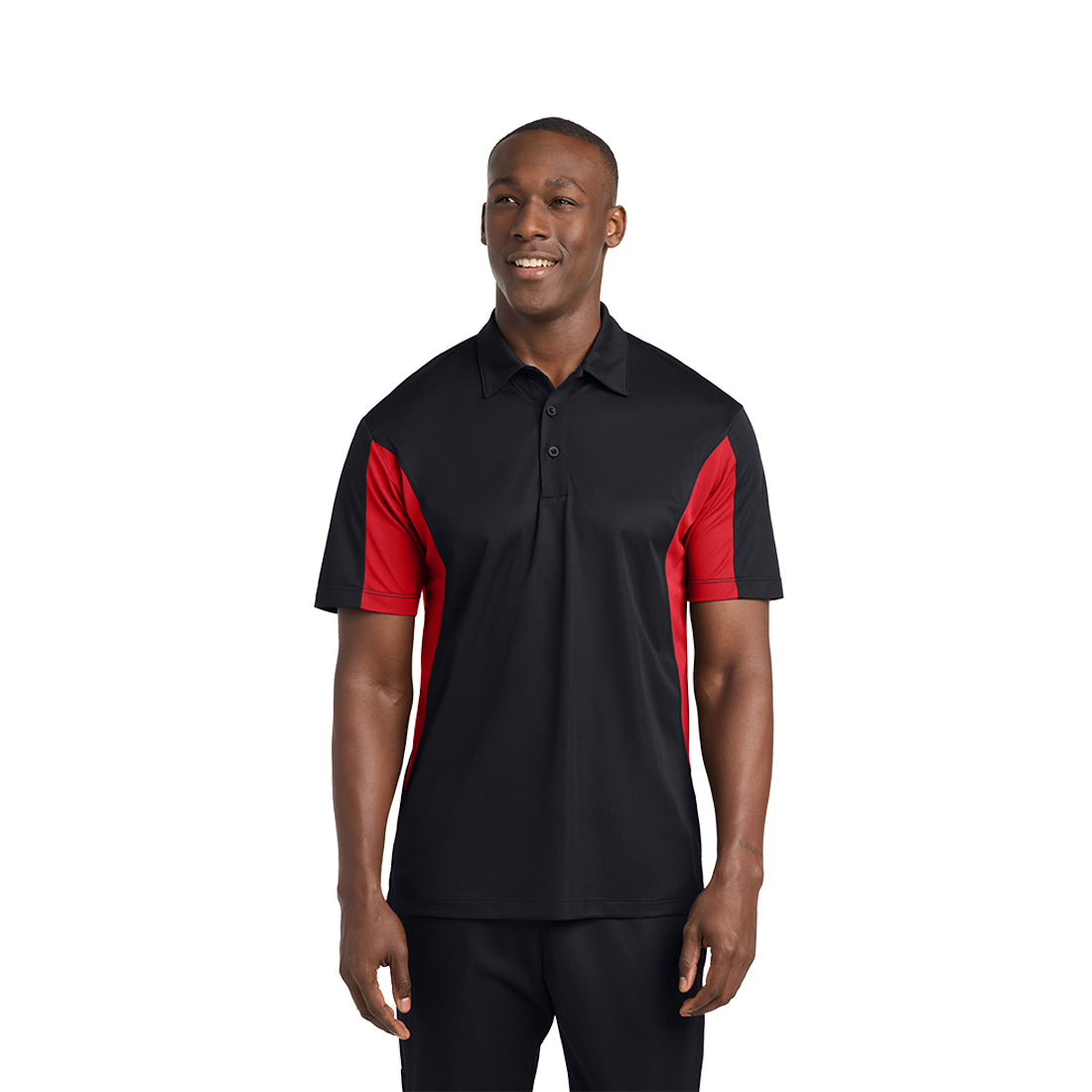 Man wearing a black and red polo shirt on a white background