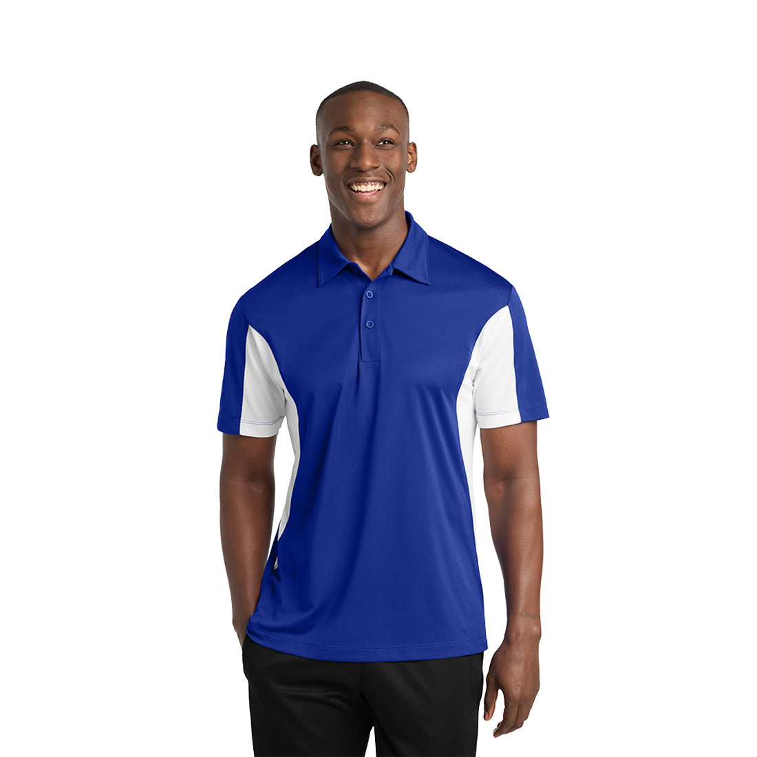 Man wearing a blue and white polo shirt on a white background