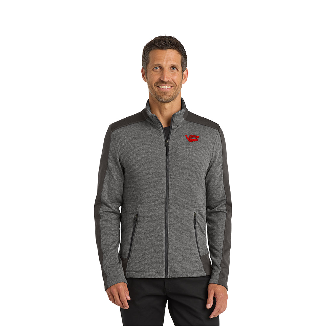 Man wearing a grey zip up with logo on a white background