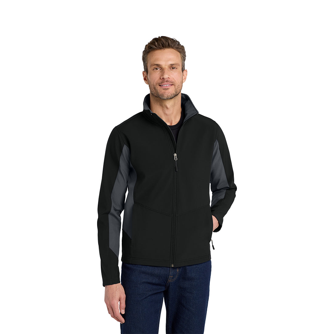 Man wearing a black jacket with gray accents on a white background