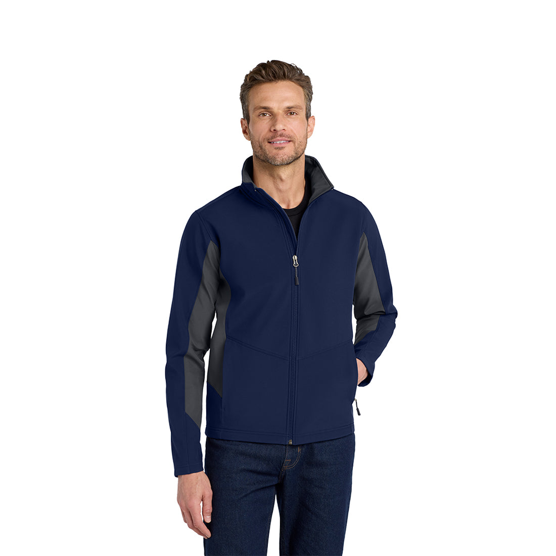 Man wearing a navy blue jacket with black accents on a white background