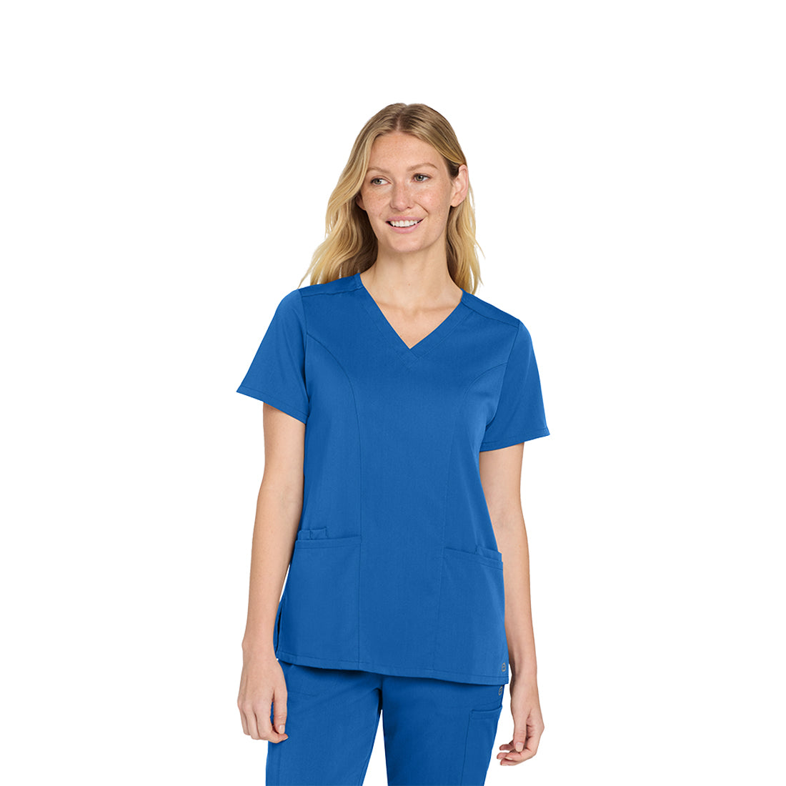 Woman wearing a blue scrub set on a white background