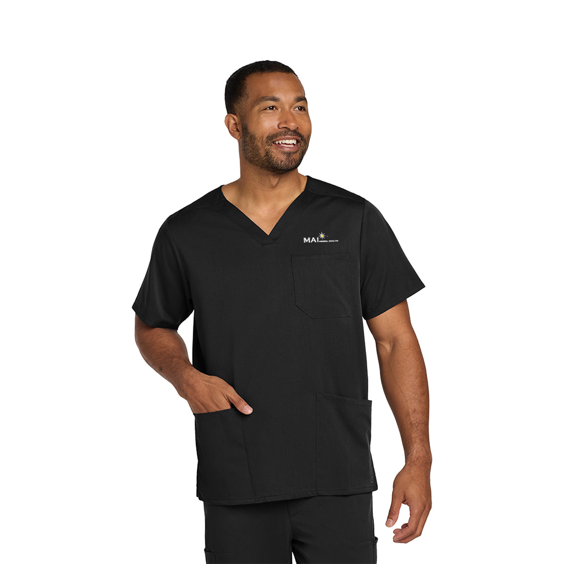 Man wearing a black scrub top with a logo on a white background