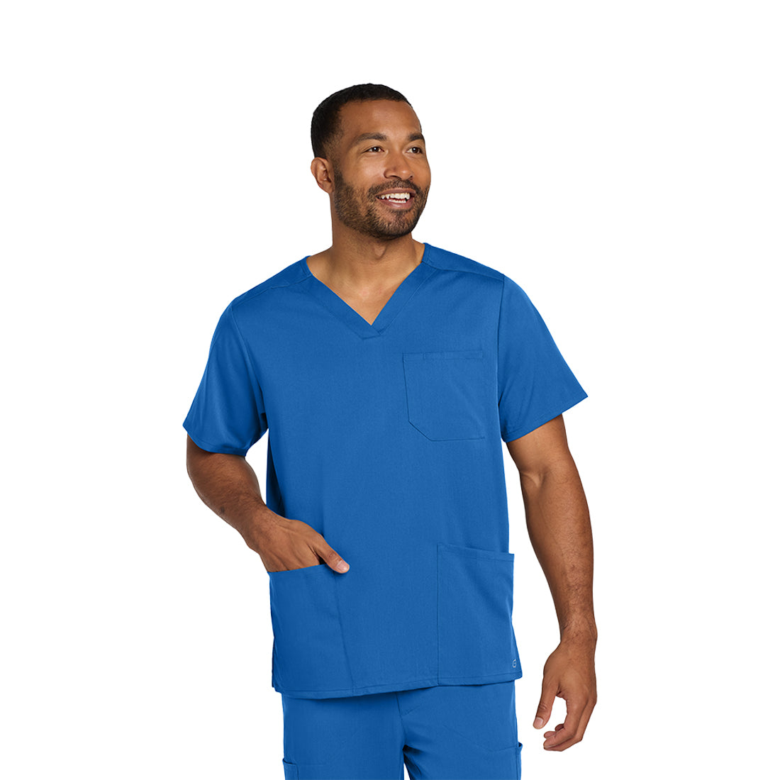 Man wearing a blue scrub set on a white background