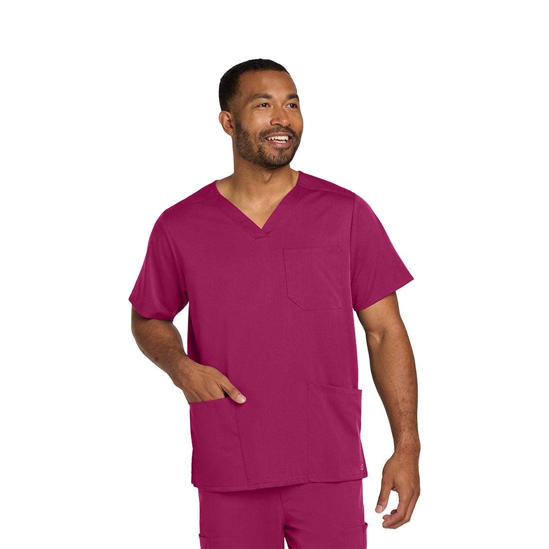 Man wearing a wine scrub set on a white background