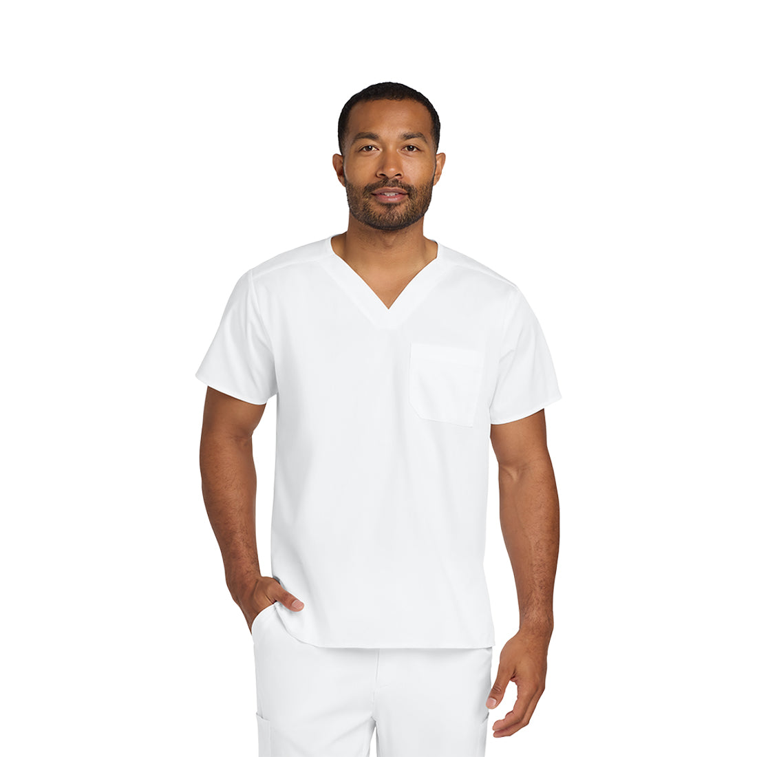 Man wearing a white scrub set on a white background