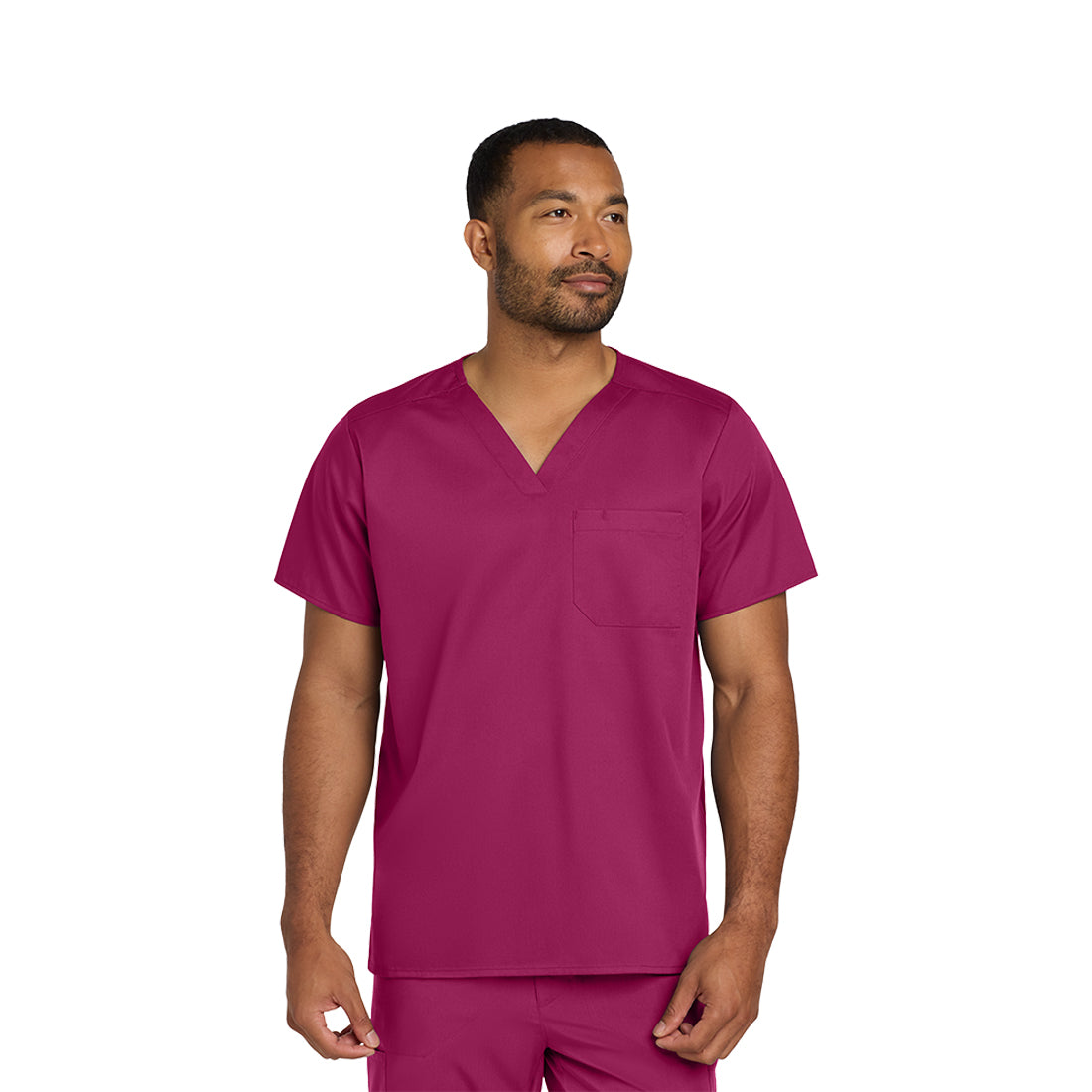 Man wearing a wine scrub set on a white background