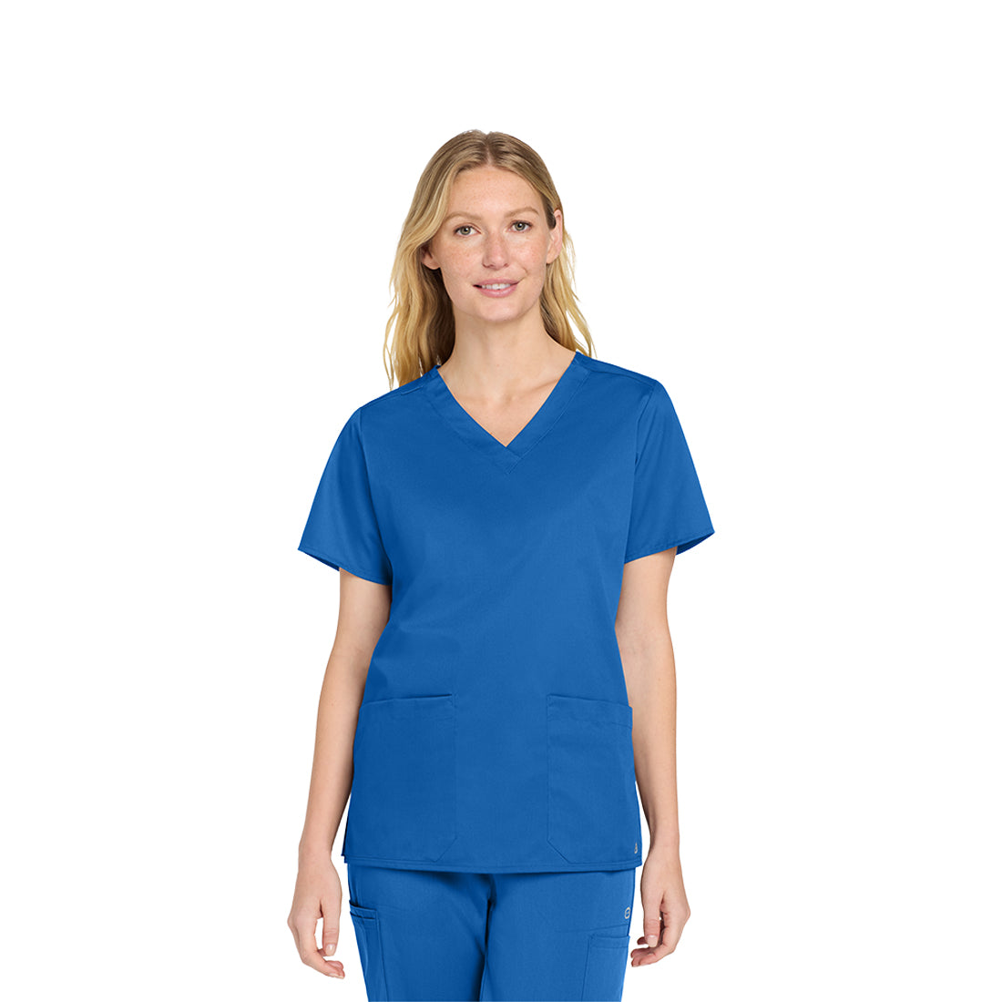 Woman wearing a blue scrub set on a white background