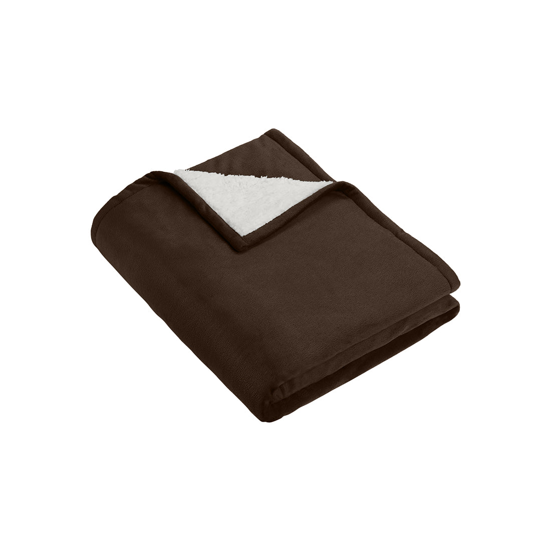 Folded brown blanket with white sherpa backing on a white background