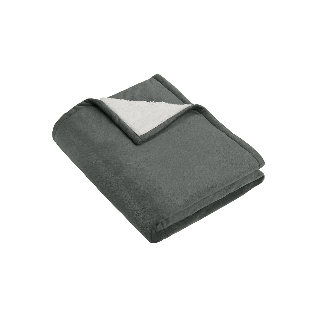 Folded gray blanket with white sherpa backing on a white background