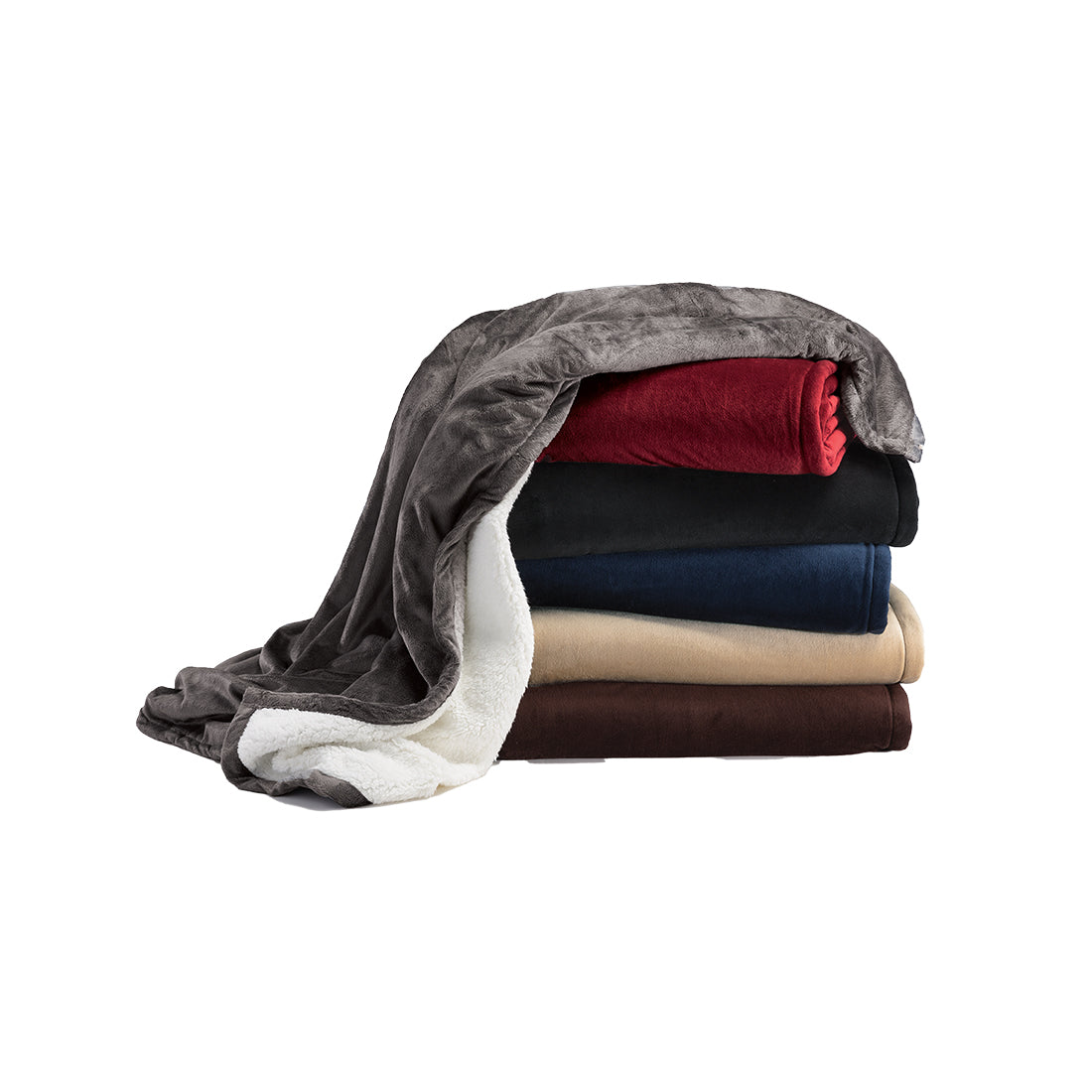 Stack of folded blankets in various colors with a gray blanket draped over them on a white background