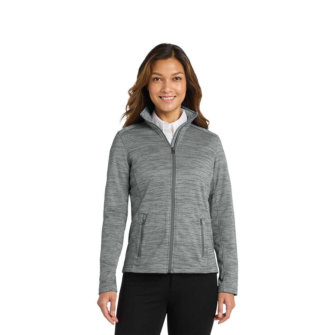 Woman wearing a gray jacket on a white background