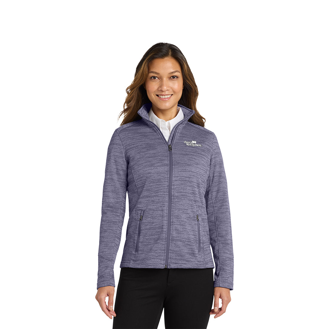 Woman wearing a purple jacket with a logo on a white background