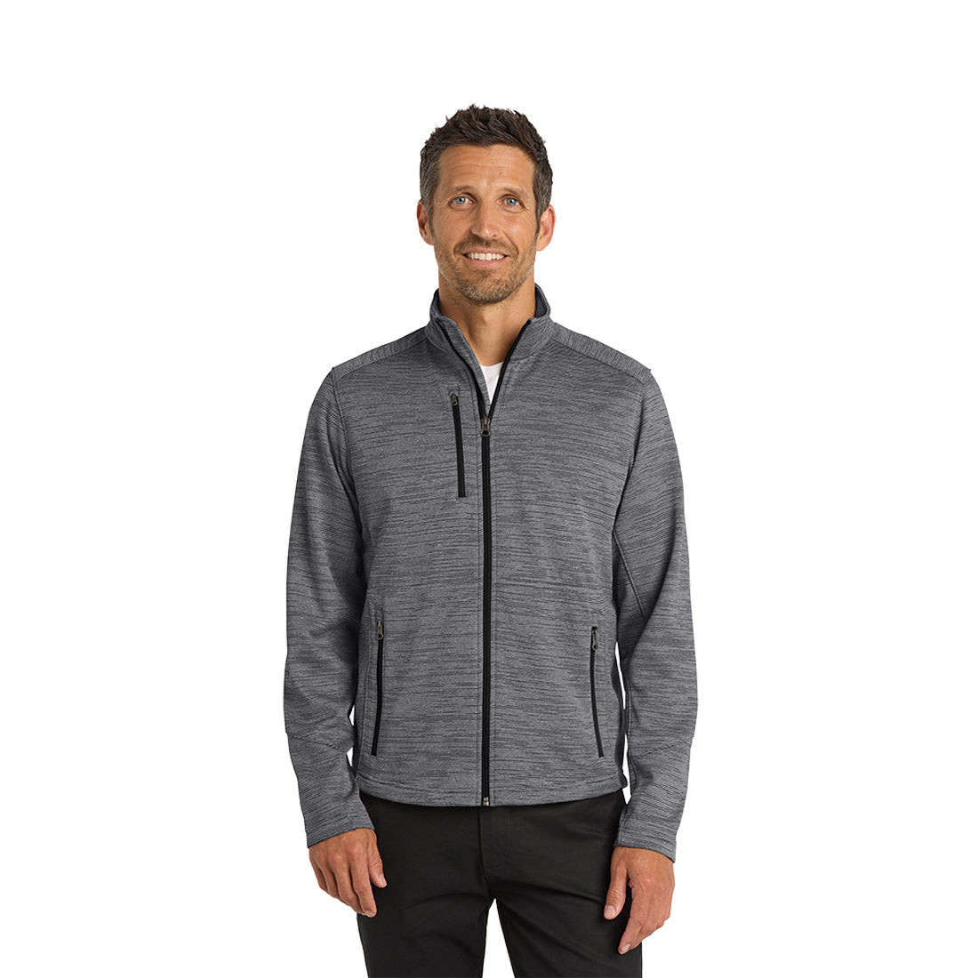 Man wearing a dark gray zip-up jacket on a white background