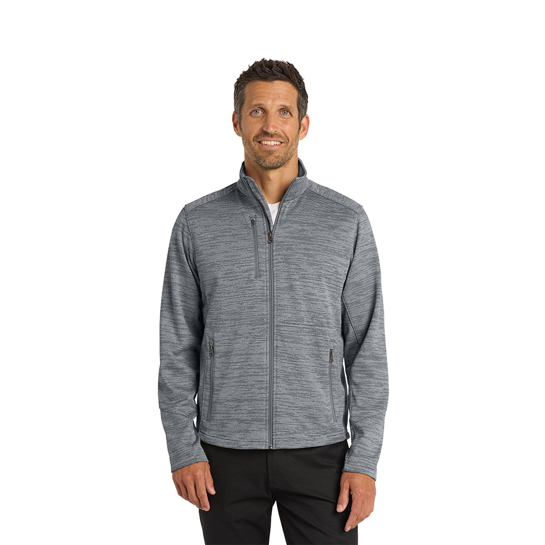 Man wearing a gray zip-up sweater on a white background