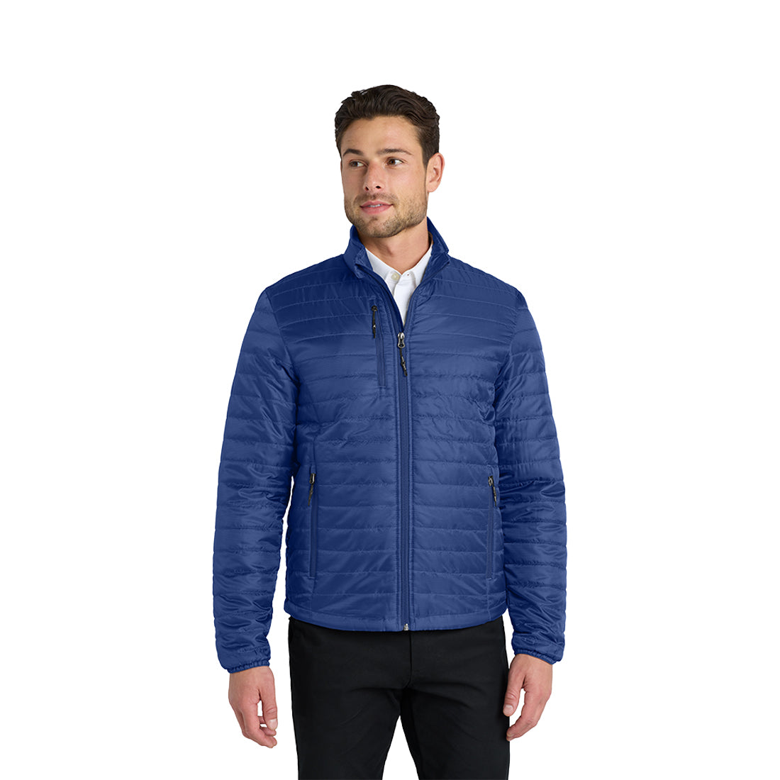 Man wearing a blue jacket on a white background