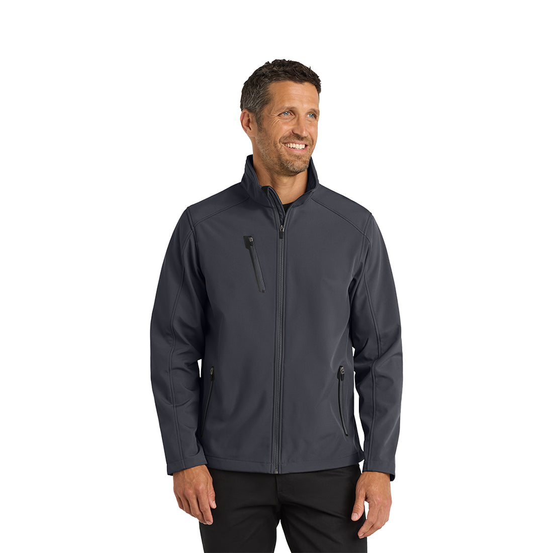 Man wearing a dark gray jacket on a white background