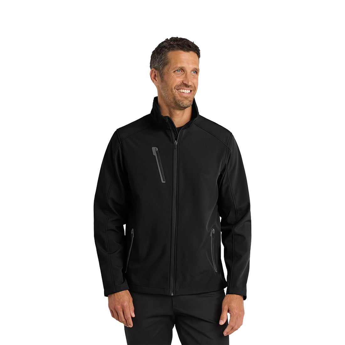 Man wearing a black jacket on a white background