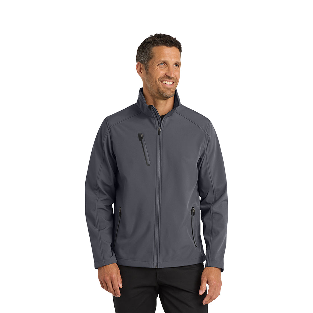 Man wearing a gray jacket on a white background