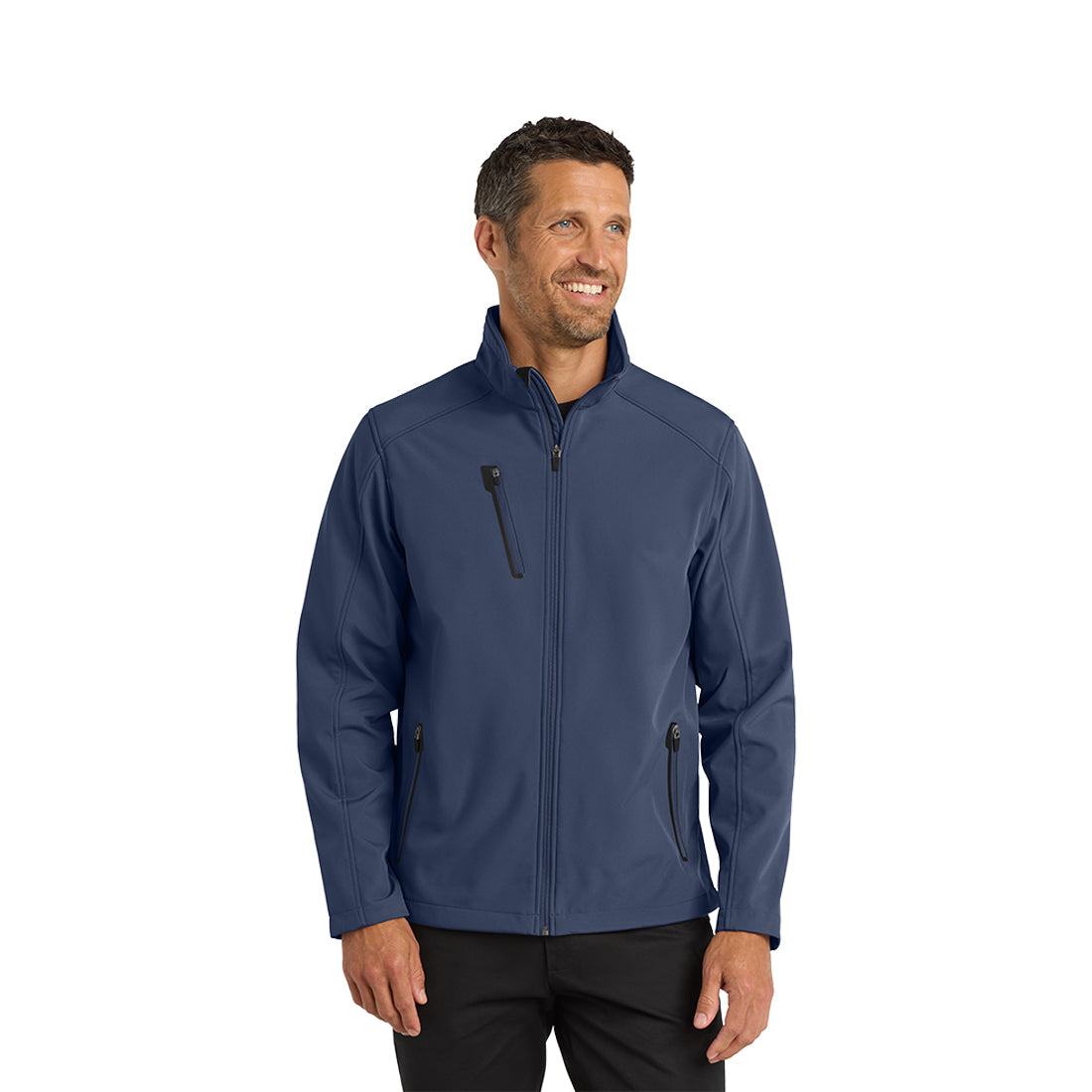 Man wearing a navy blue jacket on a white background